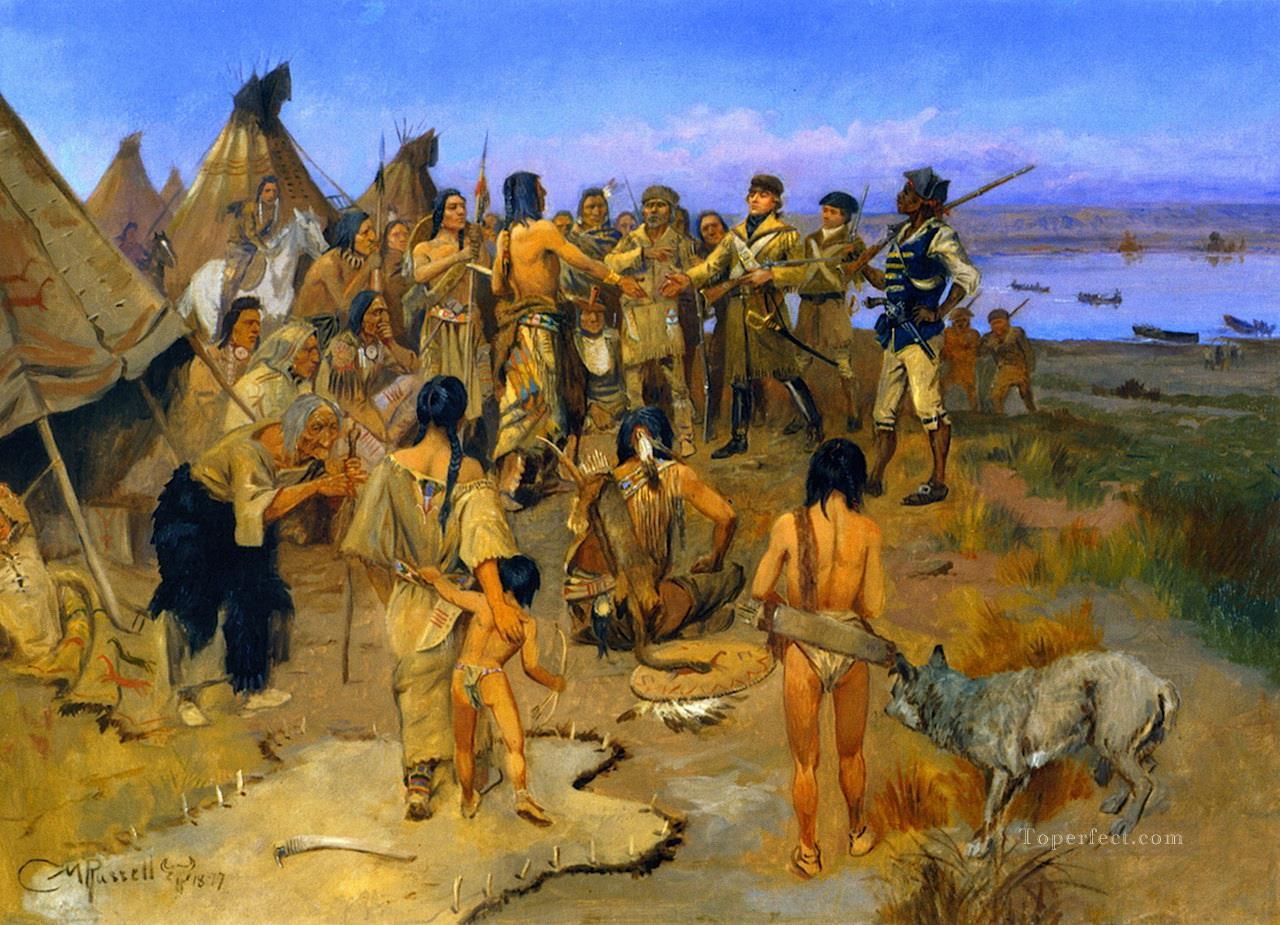 Lewis et Clark rencontrent les Indiens Mandans 1897 Charles Marion Russell Indiens d’Amérique Peintures à l'huile